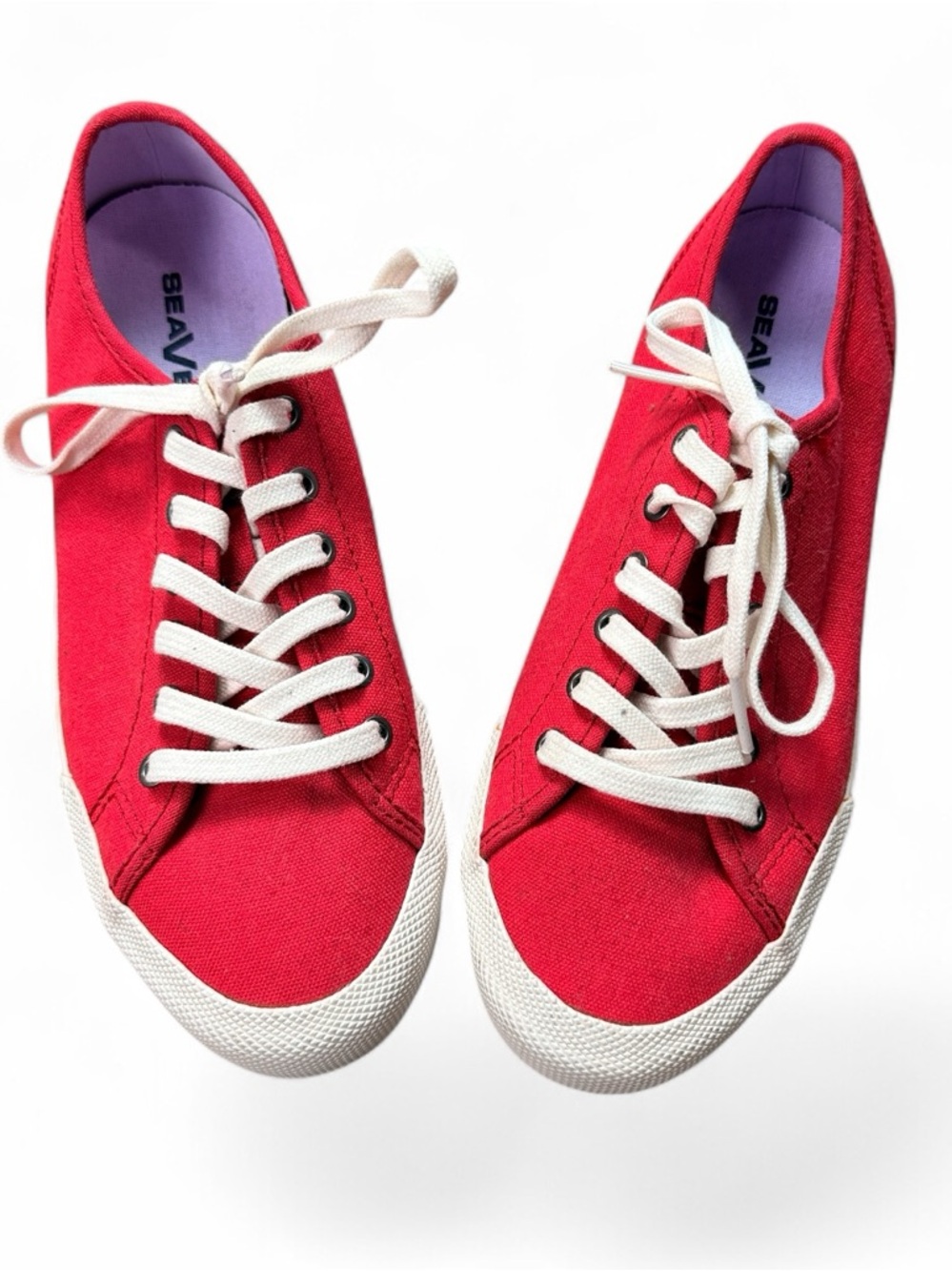 SeaVees Monterey Red Canvas Low-Top Sneakers with White Laces & Purple Bottoms